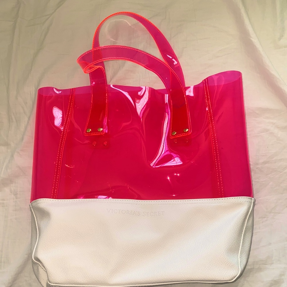 Victoria’s Secret Beach Tote-Clear Hot Pink, White